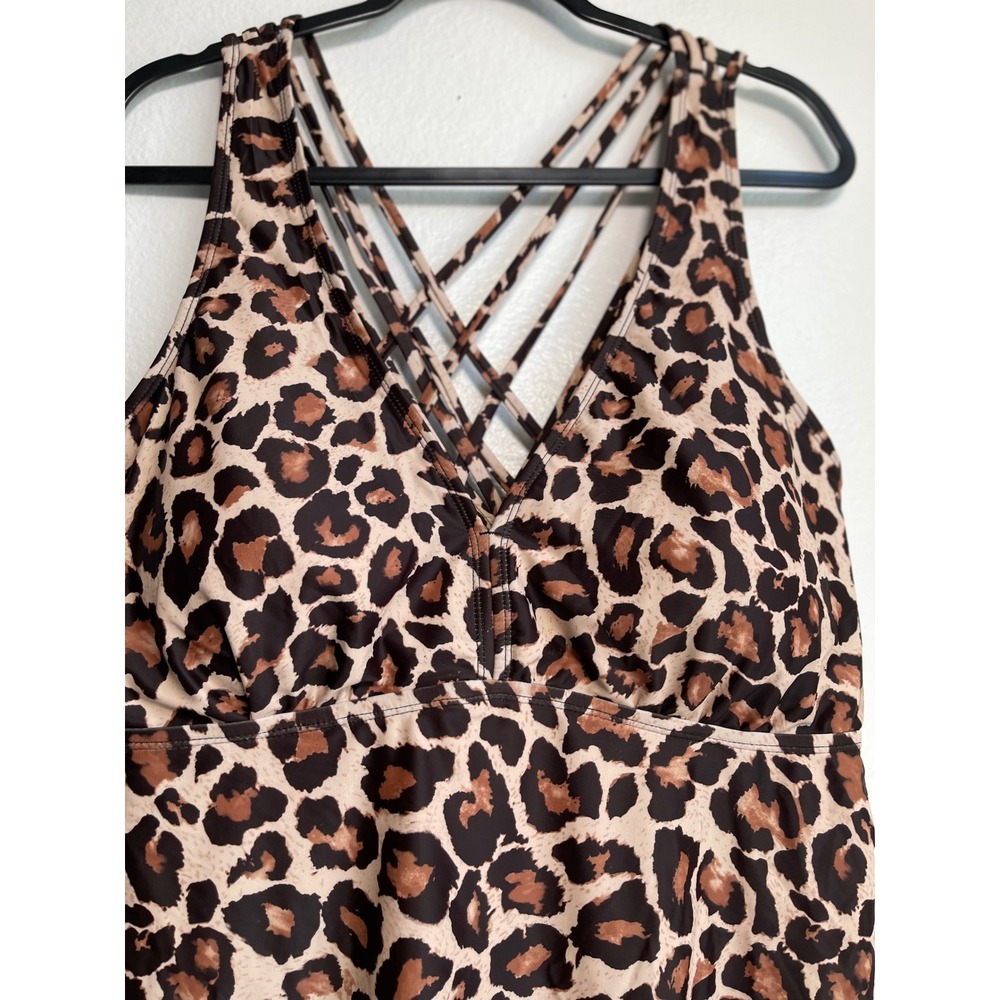 Aqua Eve Leopard Print Strappy Back Swim Dress Tankini Top Brown Tan 20W - Picture 4 of 10